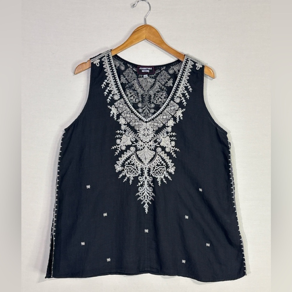 Johnny Was Workshop Black Embroidered Boho Tank Tunic Size L